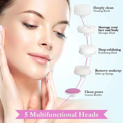 5 in 1 Facial Massager Machine | Electric Face Cleanser & Scrubber | Blackhead Remover Beauty Tool for Women & Men